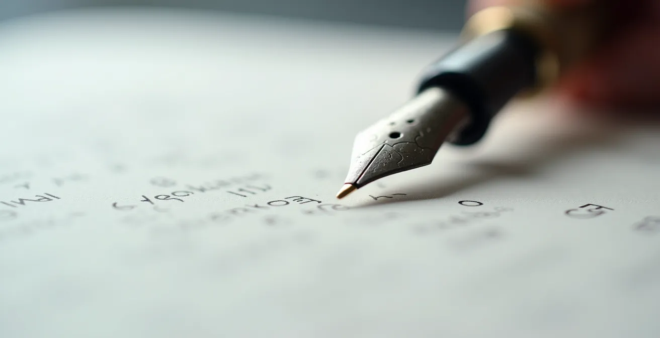 Gros plan macro sur une main tenant un stylo plume au-dessus d'une feuille blanche