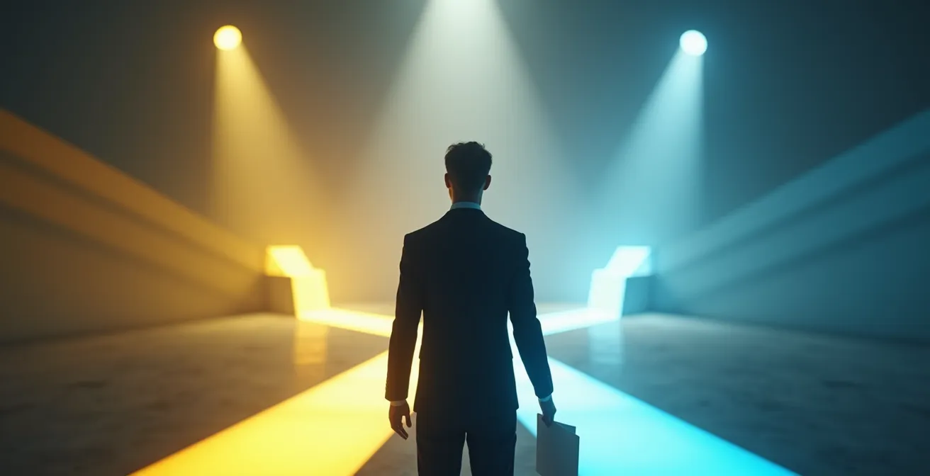 Personne à un carrefour symbolique avec plusieurs chemins lumineux représentant différentes stratégies de recherche d'emploi