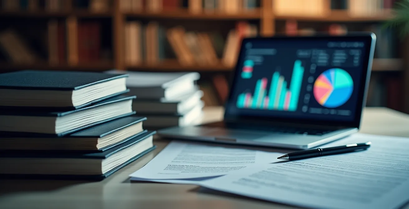 Transformation d'un parcours universitaire en portfolio professionnel symbolisée par des livres devenant des documents sur tablette.