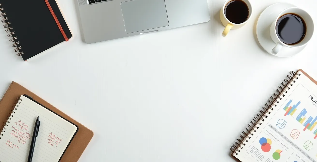 Vue en plongée d'un bureau avec documents de préparation et notes organisées pour un rendez-vous conseiller