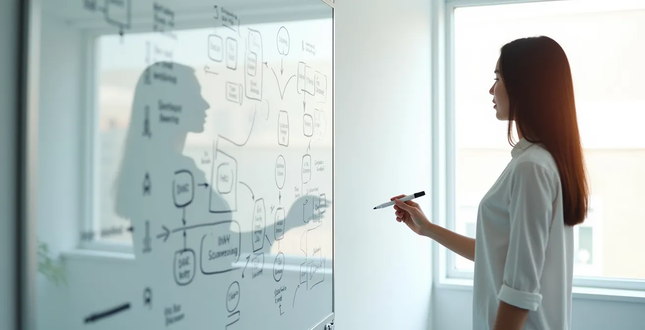 Professionnel présentant des données de recherche transformées en insights business devant un tableau blanc