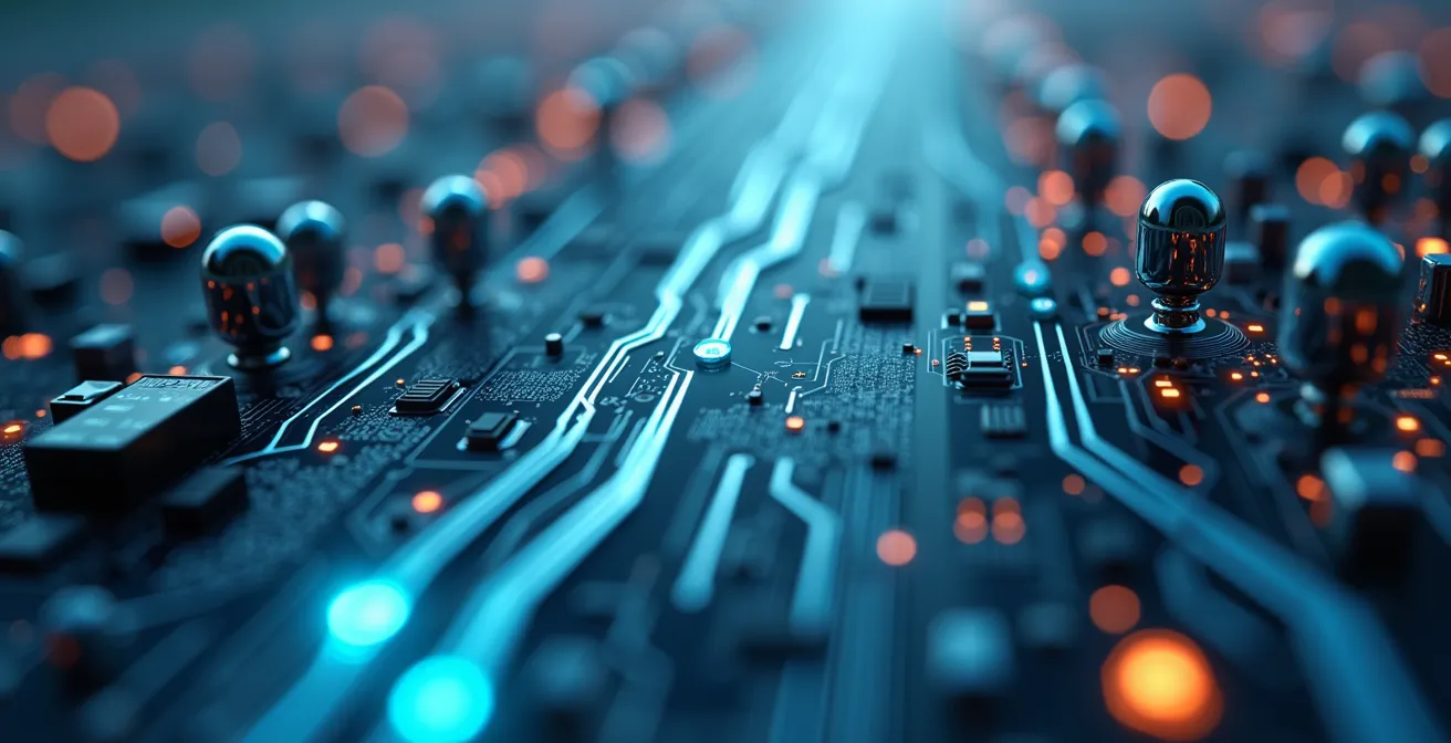 Vue macro détaillée de circuits et de flux de données abstraits symbolisant le traitement automatisé des CV