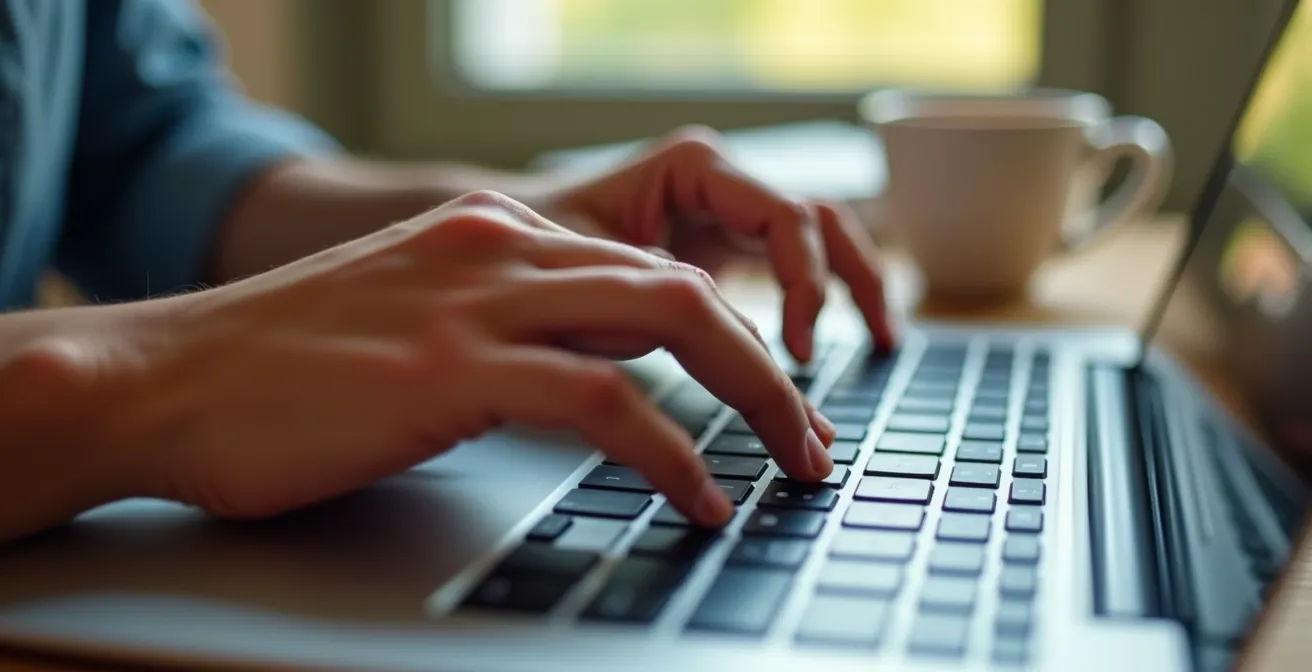 Vue macro sur les mains d'une personne tapant sur un clavier d'ordinateur portable avec une tasse de café floue en arrière-plan