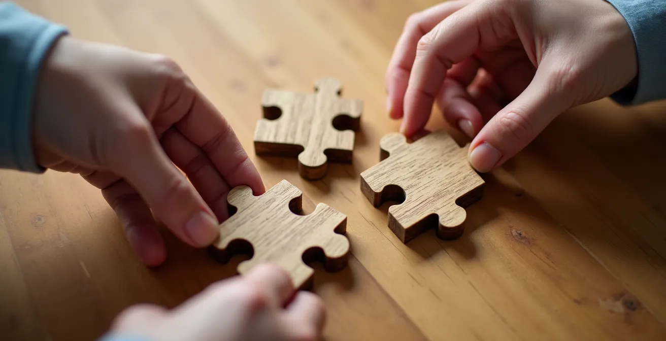 Vue macro de mains assemblant des pièces de puzzle représentant une transition de carrière