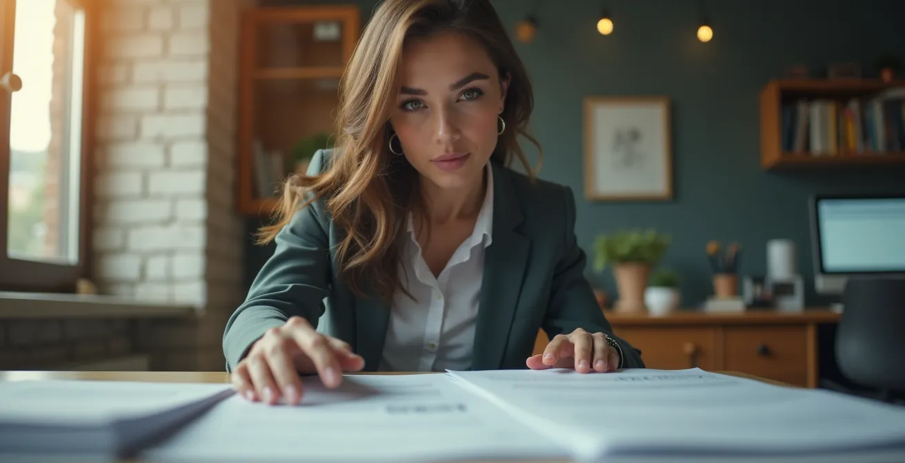 Recruteur analysant des candidatures avec une pile de documents sur son bureau