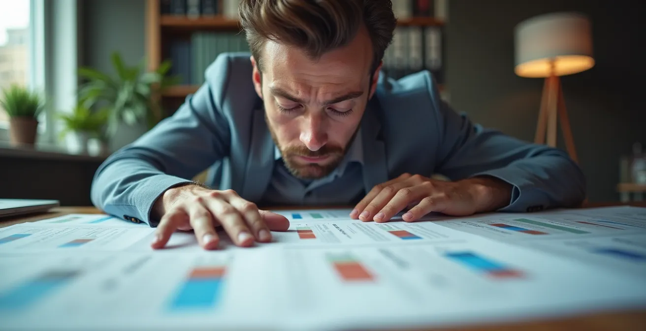 Un recruteur fatigué devant une pile de CV aux designs similaires montrant l'effet de saturation visuelle