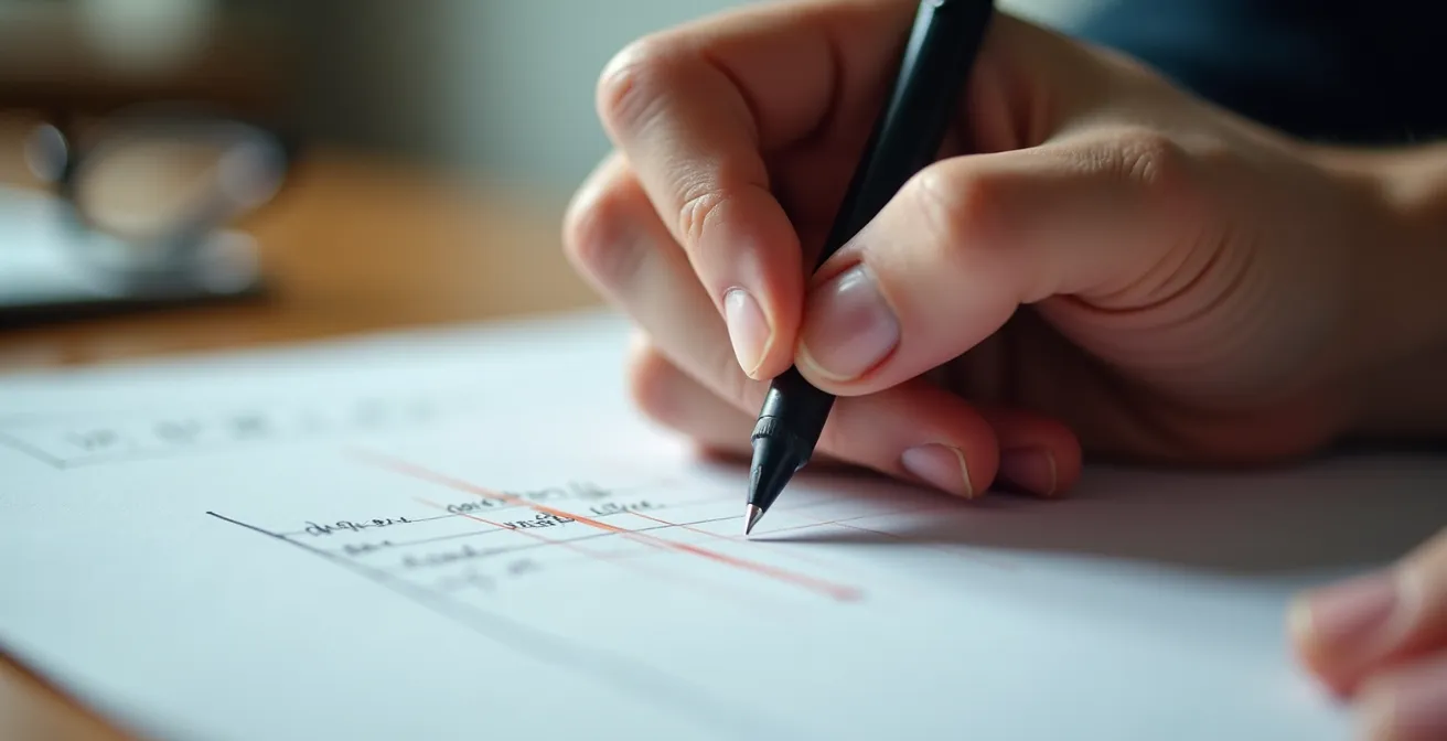 Gros plan sur des mains rédigeant un résumé de CV avec concentration et précision