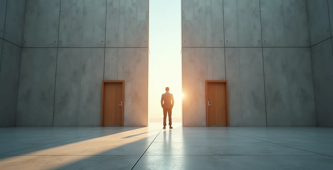 Personne contemplant deux portes symbolisant le choix entre rester ou partir