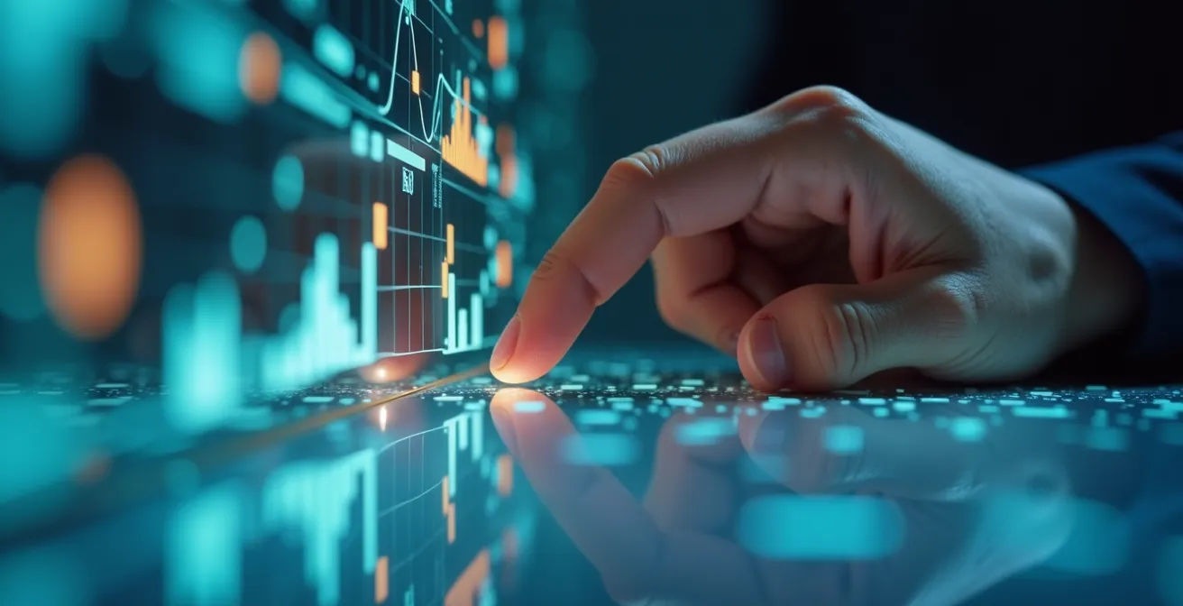 Vue macro de mains analysant des documents stratégiques avec graphiques abstraits