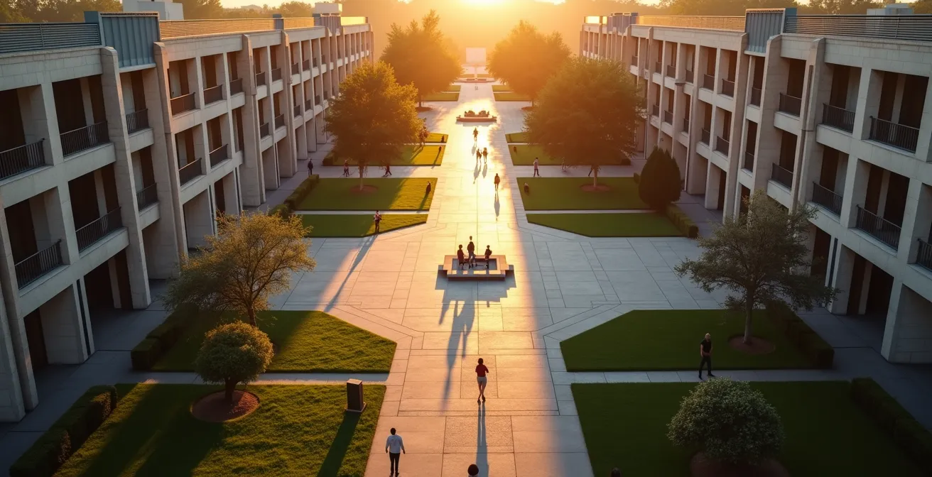 Vue aérienne minimaliste d'un campus universitaire avec des lignes de connexion symbolisant le réseau professionnel