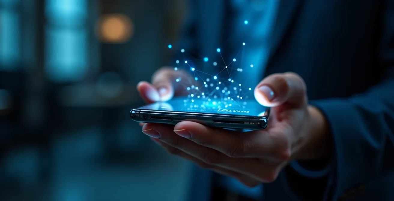 Main tenant un smartphone montrant un réseau de connexions abstraites lumineuses