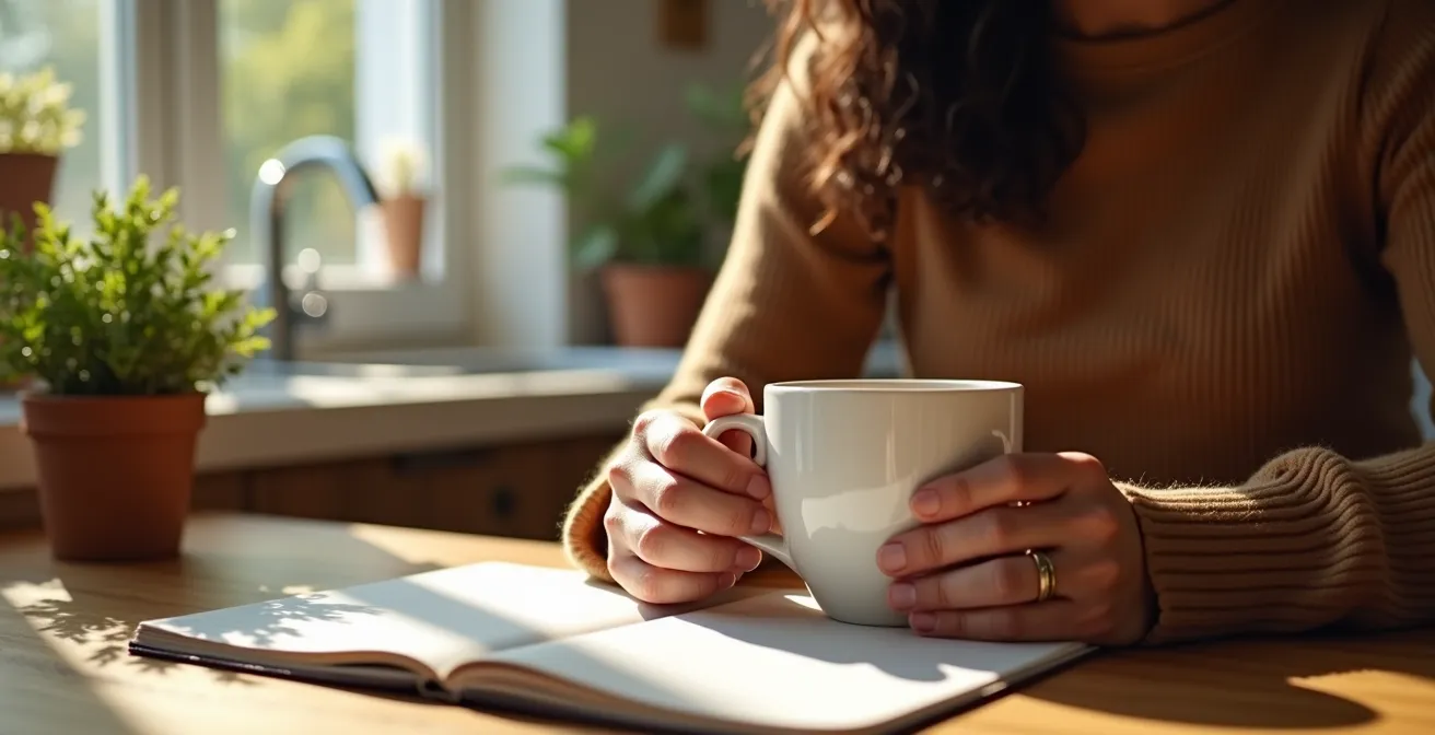 Personne en pleine routine matinale stratégique avec café et carnet de notes