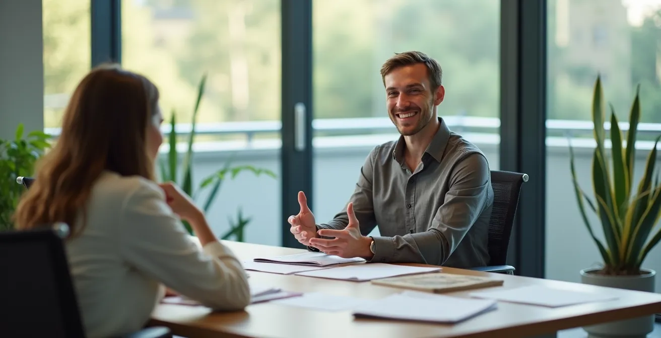 Professionnel confiant présentant son parcours de reconversion lors d'un entretien
