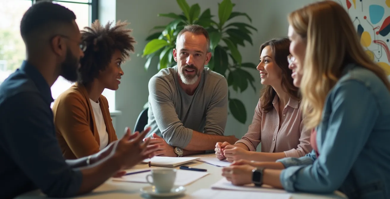 Nouveau manager guidant une équipe avec bienveillance dans un espace de travail moderne