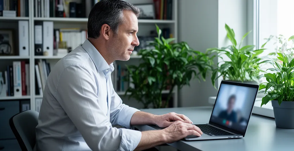 Professionnelle en visioconférence depuis bureau à domicile