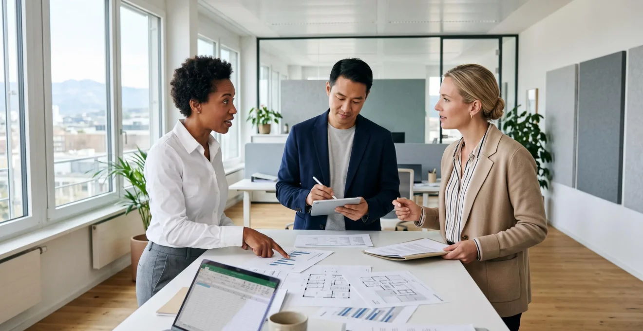 Équipe de trois professionnels collaborant activement autour d'un projet dans un bureau moderne en Suisse