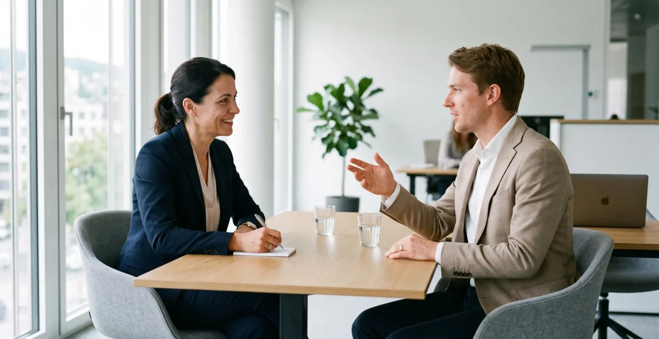 Entretien professionnel entre un recruteur et un candidat dans un cabinet de recrutement moderne en Suisse