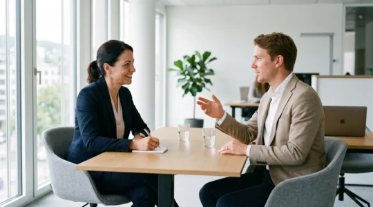 Entretien professionnel entre un recruteur et un candidat dans un cabinet de recrutement moderne en Suisse