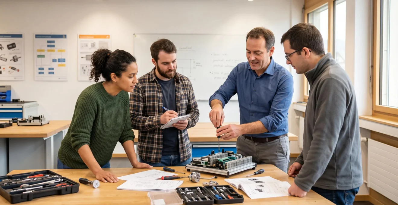 Formateur professionnel enseignant une technique pratique à un groupe d'apprenants adultes dans un centre de formation en Suisse