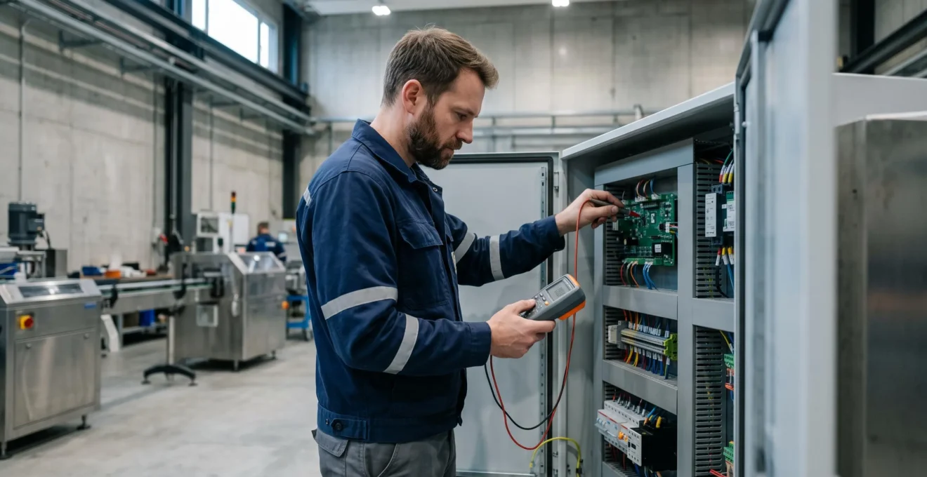 Technicien spécialisé effectuant un diagnostic de précision sur un système de contrôle industriel dans une installation de production suisse
